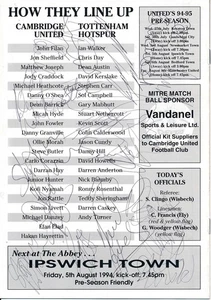 SIGNIERTES PROGRAMM - Cambridge v Tottenham Friendly 1994 mit mehreren Autogrammen - Bild 1 von 2
