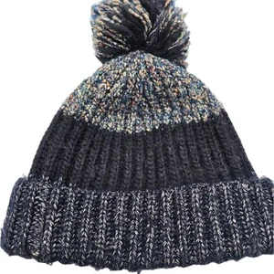 J Crew Wool Blend Winter Beanie Pom Pom Hat Blue and Gray - Picture 1 of 5