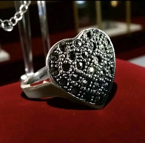 Anillo vintage de corazón de marcasita en plata 925, joyería de patrimon Size 5 - Picture 1 of 8