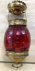 Antike Cranberry OPTIK GLAS herunterziehbare elektrische Öllampe Stube hängend 1800er - Bild 1 von 19