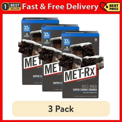 (Paquete de 3) MET-Rx Big 100 Barras de Repuesto de Comida Alta en Proteínas, Cookie Crunch, 4 Ct Foto 1 de 4