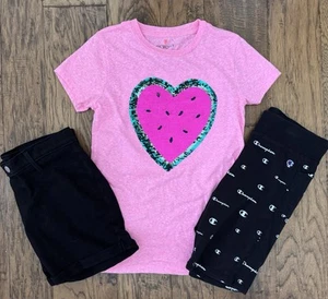 Lot Girls 14-16 Crewcuts Sequin Pink T-shirt & Black Shorts Champion Wonder Nat. - Picture 1 of 11