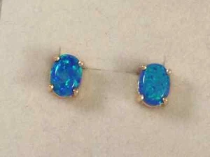 Vintage Jewellery Yellow Gold Blue Opal Earrings Ear Rings Antique Deco Jewelry - Picture 1 of 5