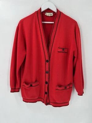 Cardigã suéter feminino Cathy Daniels vintage médio vermelho preto bolsos de malha - Imagem 1 de 4