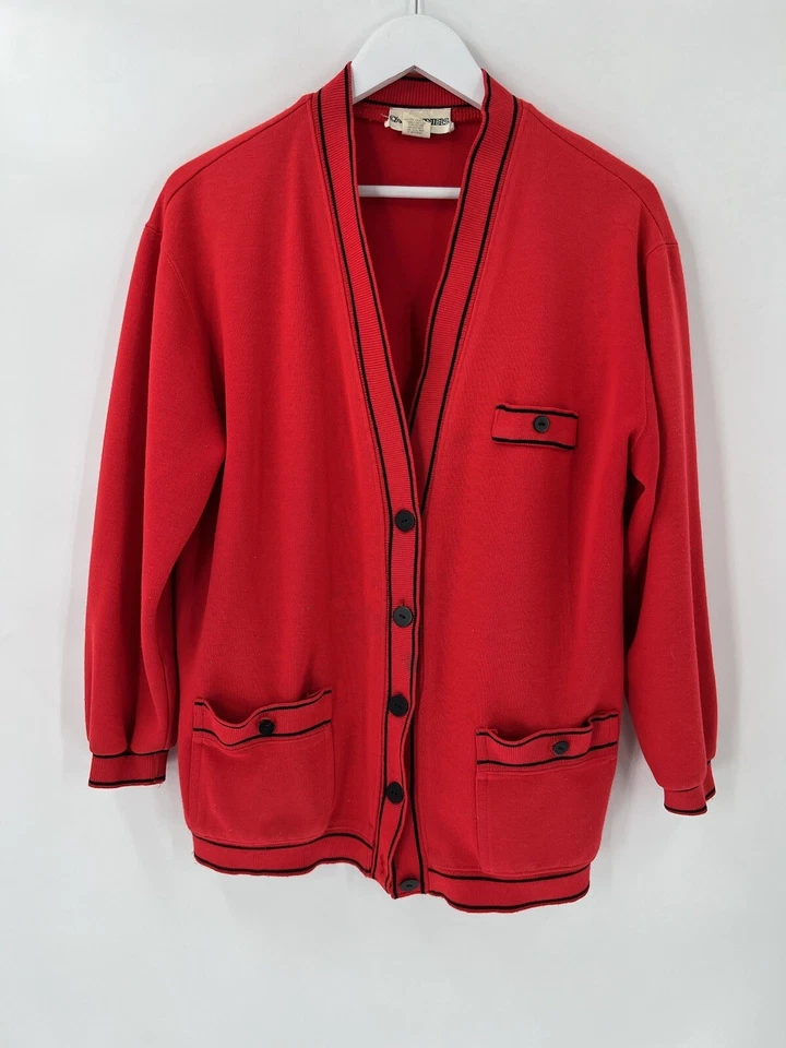 Cárdigan suéter vintage Cathy Daniels para mujer mediano rojo negro bolsillos tejidos Foto 1 de 4