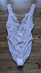 Vintage 1980s Teddy PINK Bodysuit Lingerie Sexy 1 Piece NWOT 80s Romper LACE HOT - Picture 1 of 11