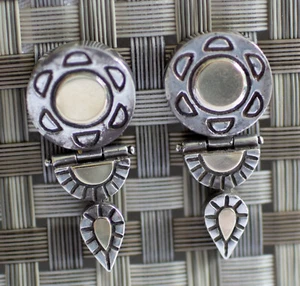 Vtg Byzantine Sterling Silver Artisan Signed Hinged Dangle Earrings-Gold Wash - Picture 1 of 5