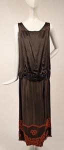 EDWARDIAN TEENS BROWN SILK DRESS W BEADING + RED EMB NET BOTTOM SKIRT - Picture 1 of 9