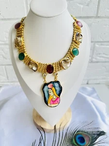 Hand painted Pure Brass Queen Necklace with monalisa stones 18 K Gold Polish - Picture 1 of 7