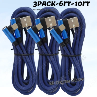 3x USB Fast Charger Cable Elbow Right Angle Data Cord For iPhone 14 13 12 11 8 6 - Image 1 of 4