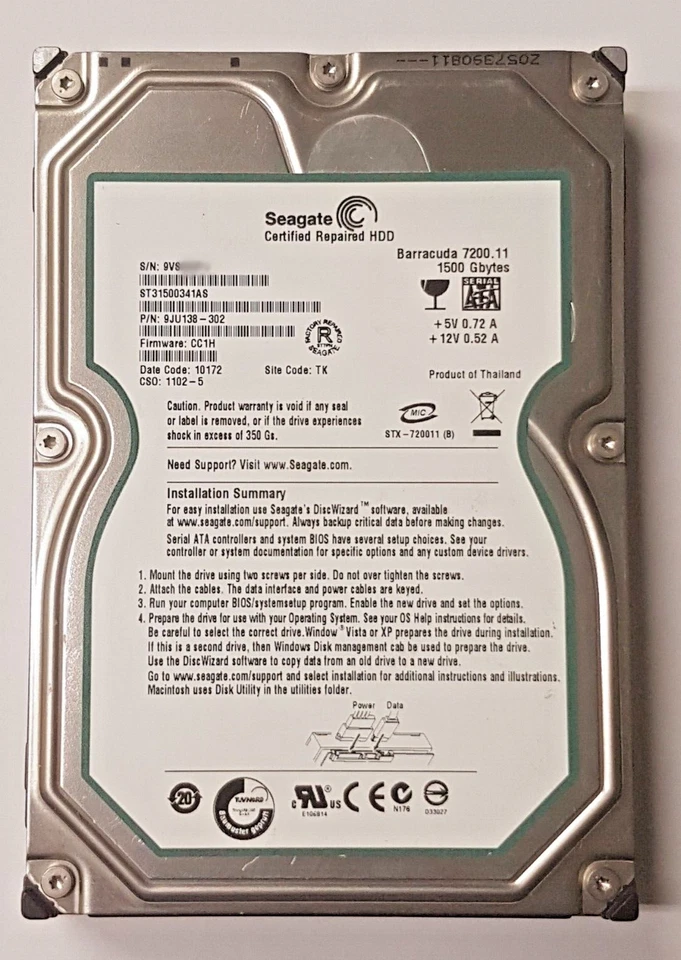 1.5 TB SATA Seagate Barracuda 7200.11 ST31500341AS 32MB 3.5" Certified Repaired - Image 1 of 1