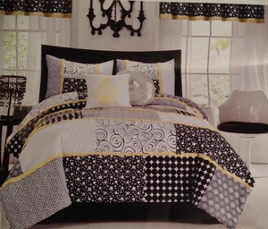 SIEBZEHN 3-teiliges Bettdecken-Set komplett/Queen schwarz weiß Punkte gelbe Borte Punkte - Bild 1 von 4