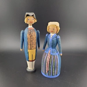 Wooden Dolls Sweden Folk Art Man and Women Couple Hand made painted Signed - Picture 1 of 9