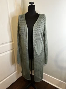 Francesca NWT Blue Rain Sage Green Loose Knit Lightweight Duster Cardigan Sz M - Picture 1 of 9