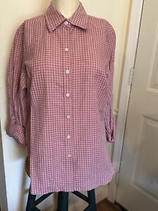 LIZ & CO Check Gingham Button Front Shirt Blouse  Long Roll Tab Sleeves Sz L NEW