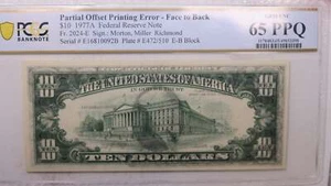 1977 A, $10 Federal Reserve Not., ERROR., PCGS CU-65, PPQ., Store #GFRB053 - Picture 1 of 2
