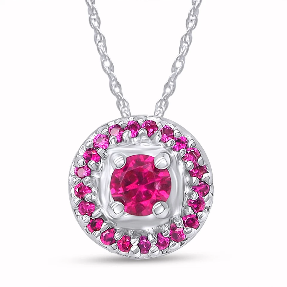 Collar Colgante Halo Zafiro Rosa Simulado en Oro Sólido 10K con Cadena de 18" Foto 1 de 4