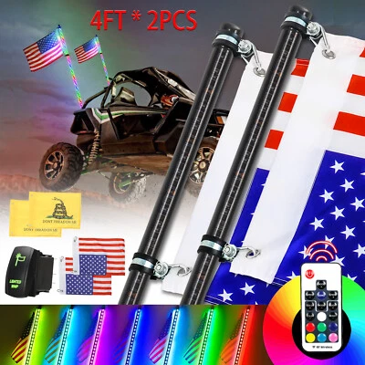 Pair 4FT RGB Spiral LED Whip Lights Antenna w/Flag & Remote for ATV UTV Polaris - Image 1 of 4
