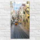 Yellow old vintage tram Lisbon streets city hill Glass Print 50x100 Decor