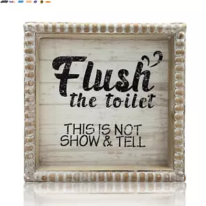 6.3" Flush Toilet Sign Bathroom Rules White Black, Farmhouse Shelf Antique Boho - Picture 1 of 6