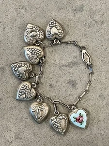 Antique Sterling Silver Bracelet 8 Puffy Heart Charms Victorian Sweetheart - Picture 1 of 14