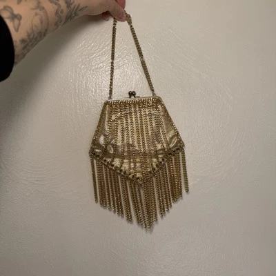Vintage 60s Gold Toned Chain Fringe Purse Kiss Lock Closure Made In Japan - Image 1 of 4