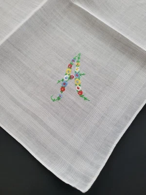Vintage Ladies Hankie Embroidered Floral Multicolor Monogrammed "A" - Image 1 of 4