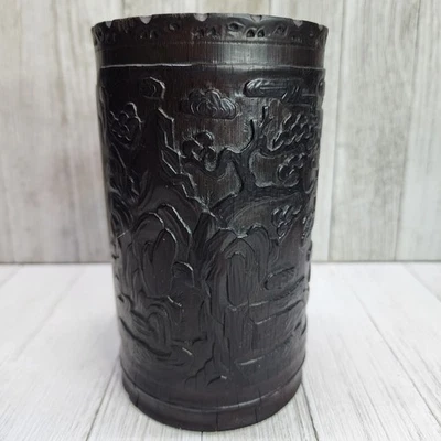 Vtg Oriental Natural Bamboo Wood Carved Brush Pot Bonsai Tree/Bamboo Design 6" T - Image 1 of 4