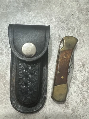 Cuchillo de Bolsillo Plegable Inoxidable De Colección Hoja de Bloqueo Mango de Madera de Latón con Estuche de Cuero Foto 1 de 4