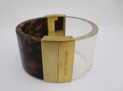Michael Kors Signed Tortoise Shell Gold Tone Hinged Bangle Bracelet Size 6.5" - Image 1 of 4