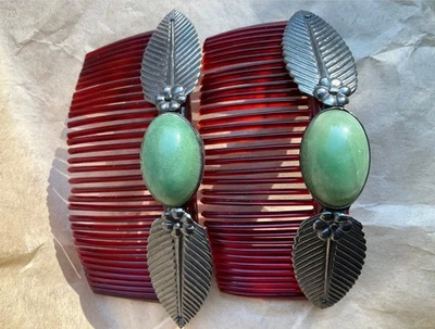 ANTIQUE VTG MEXICO ART DECO CELLULOID JADE STONE SILVER PAIR HAIR COMBS SET 2 - Image 1 of 4