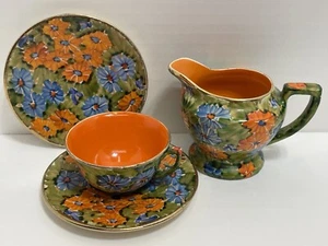 Vtg MCM TEA CUP CREAMER PITCHER & SAUCER Demitasse ORANGE BLUE GREEN Mid Century - Picture 1 of 23
