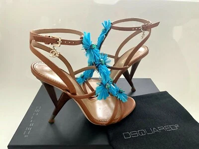 Sandálias DSQUARED2 5.5/36 6.5/37 marrom flor enfeitada salto esculpido tiras - Imagem 1 de 4