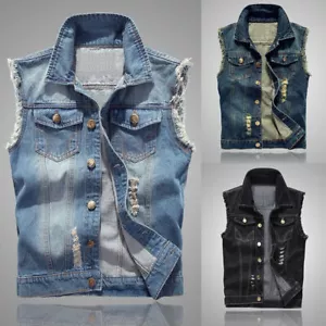 Sleeveless Plus Ripped Waistcoat UK Jean Size Coat Cowboy Vest Denim Jacket Mens - Picture 1 of 14
