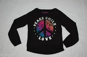 Girls Sweatshirt BLACK CREW NECK Hi-Low PEACE SMILE LOVE Floral Lace Look XS 4-5 - Picture 1 of 1