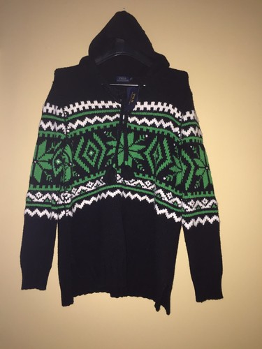 OFF WHITE Polo Ralph Lauren verde nero panna lana fiocco Fair Isle nordica felpa con cappuccio M