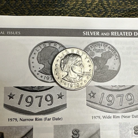 Rare!! 1979 Susan B Anthony One Dollar U.S (P) wide rim Coin Silver Dollar "D" Cover