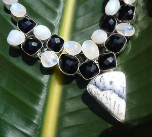 COLLAR ARCO IRIS PIEDRA LUNAR Negro Ónix Dendrita Ópalo 925 PLATA SUPERPUESTO   - Imagen 1 de 3