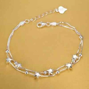 Pulsera de Mujer Plata de Ley Esterlina 925 Brazalete Fina con Estrellas Regalos - Picture 1 of 24