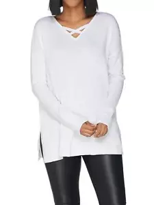 H BY HALSTON Size L Crisscross V-Neck Pullover Sweater WHITE - Picture 1 of 4