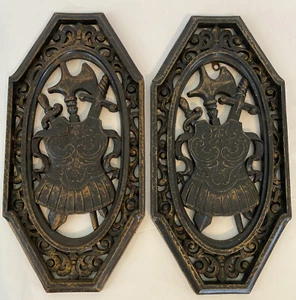 VTG Coat Of Arms Crest Medieval Knight Axe Spear Shield Wall Art Homco Set Of 2 - Picture 1 of 12
