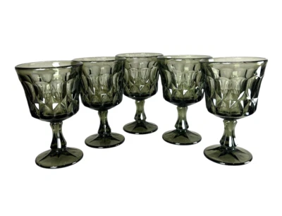 Vtg Noritake Perspective Smoke Grey Wine Glasses, Pressed Glass Goblets Set of 5 - Image 1 of 4