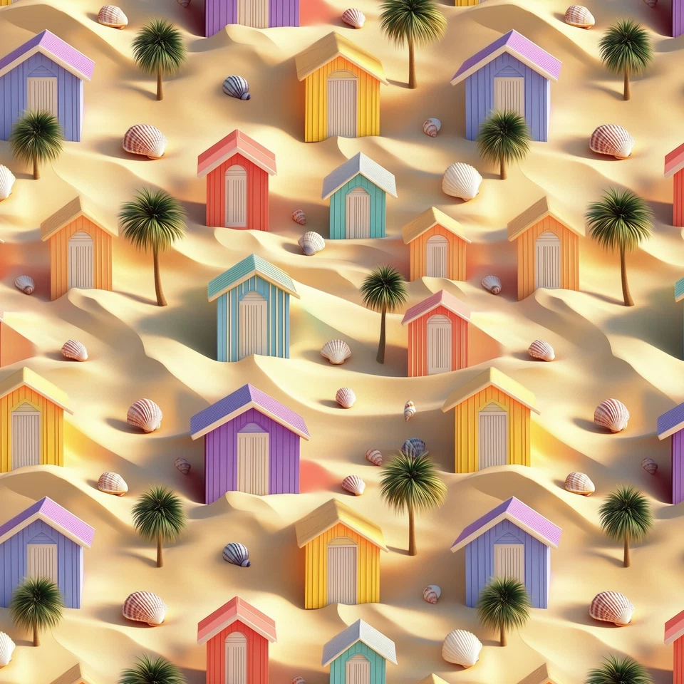 Sandy Beach Huts Fabric 3D Effect 100% Cotton 140cm wide FQ, 1/2m, 1m