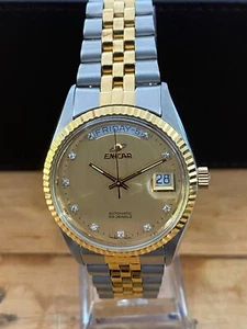 RARE MEN WATCH Enicar President Two Tone Automatic Day-Date Gold Dial Vintage - Picture 1 of 6
