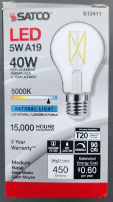 (6 Pk) Satco S12411, 5 Watt LED A19 Bulb - Clear  Medium Base - 5000K  90 CRI - Image 1 of 3