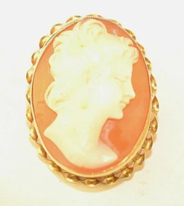 ANTIQUE BINDER BROS. 10K YELLOW GOLD SHELL CAMEO 1 1/8" PIN PENDANT TWIST BORDER - Picture 1 of 5