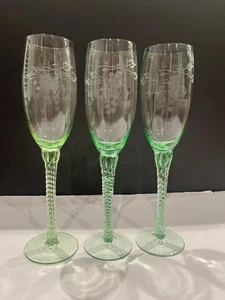 3 Vtg  Hand Blown Etched Grapevine Twisted Green Stem Champagne Flutes - Picture 1 of 5