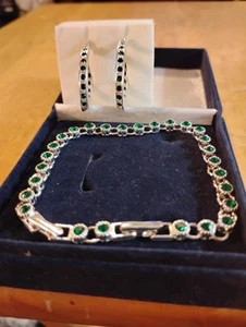 Avon Emerald ( May) Tennis Bracelet and Emerald Hoop Earrings  - Picture 1 of 6