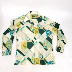 Camisa De Colección Años 70 Para Hombres Botón Frontal Cuello Daga L Verde Beige Floral Disco - Imagen 1 de 12