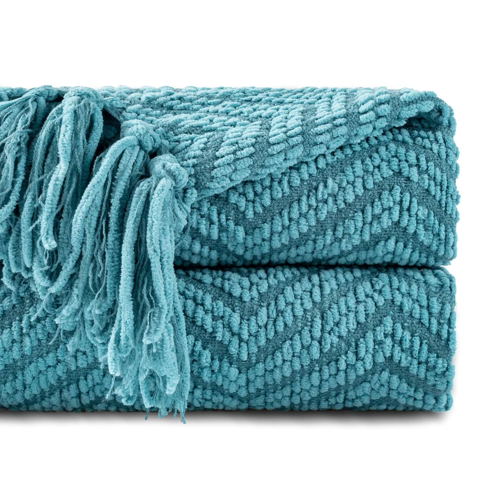 Knit Zig-zag Textured Woven Throw Blanket Turquoise 60 X 50 by Battilo Inc